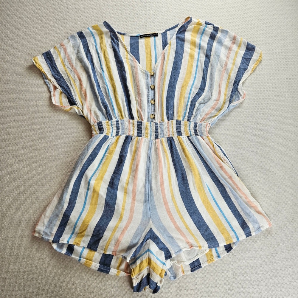 Abercrombie & Fitch Striped Romper XL Blue Yellow Smocked Waist V-Neck Summer